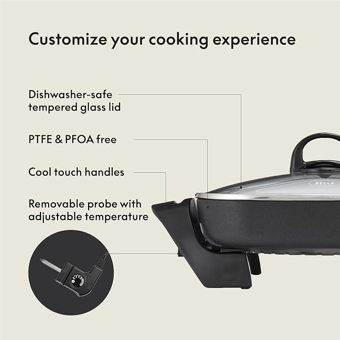 bella 12x12 Electric Skillet & Frying Pan with Glass Lid, Nontoxic, Coppper