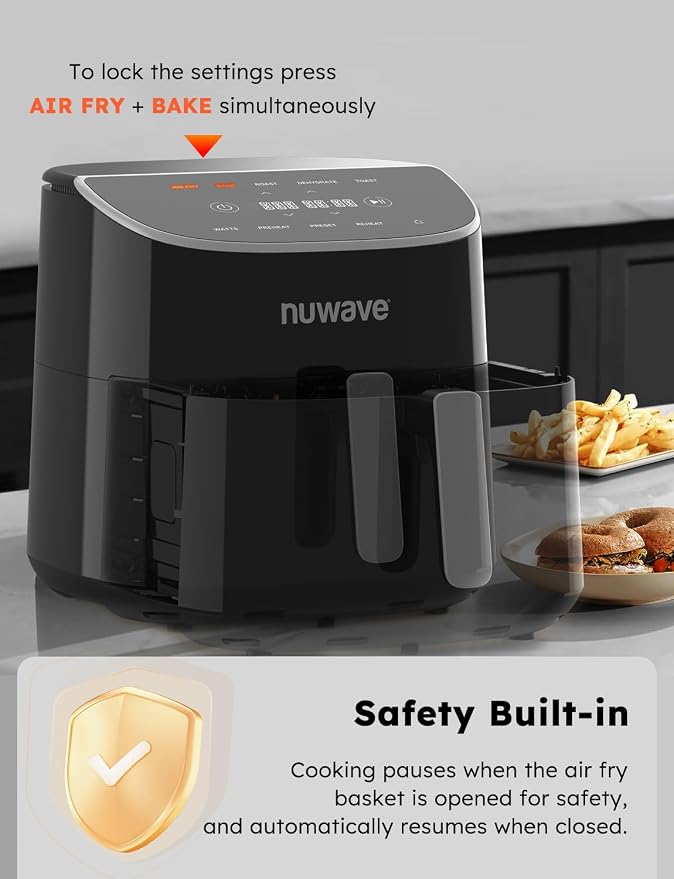 Nuwave Brio Plus 8 Qt Air Fryer, PFAS Free, New & Improved, 50-400°F in 5°F | Digital Touchscreen, Cool White Display, Ceramic Nonstick Coating, 5 Cook Modes, 100 Presets/50 Memory, 700/1500/1800W, Black
