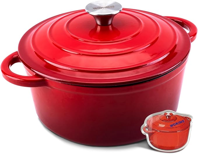 4-QT Enameled Cast Iron Round Dutch Oven With Lid,Oven safe,Red | Small enameled cast iron Dutch oven,Retains moisture,PFAS-free,500°F,sourdough,braising/stews/roasting,Housewarming Gift