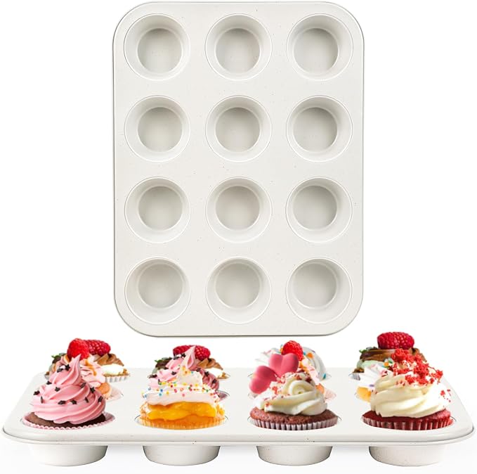 2-Pack Healthy Baking Cupcake Pan| Non Stick 12-Cup Muffin Pan | Durable & Easy Clean Muffin Tin | Perfect for Cupcakes, Muffins (Beige)