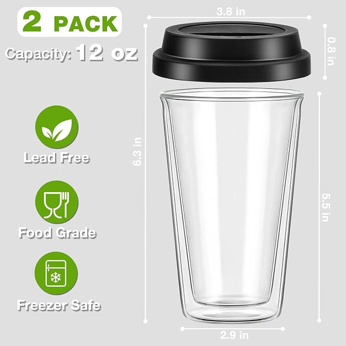 Qipecedm® 2 Packs Double Walled Glass Coffee Mugs with Silicone Lids, 12 OZ Reusable Glass Coffee Cups, Insulated Coffee Mugs, Cappuccino,Tea,Latte,Iced Coffee Cups, Glass Travel Mug, Heat Resistant