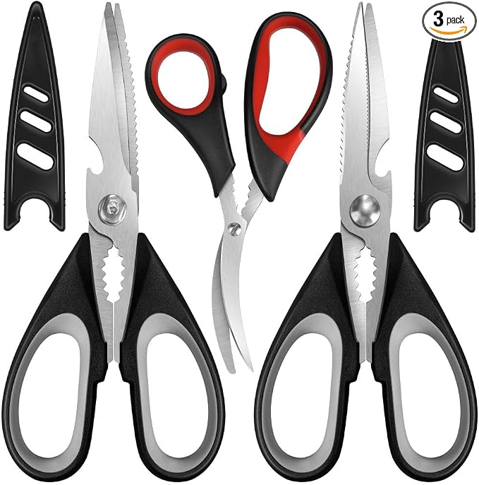 All Purpose Kitchen Shears with Protective Sheath, Heavy Duty 3 Pack Kitchen Scissors with Serrated Blade, Stainless Steel Cooking Scissors for Poultry, Food, Vegetables