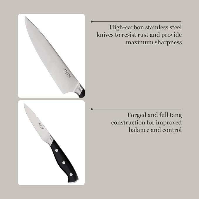 Martha Stewart Greeley Forged High Carbon Stainless Steel 14 Piece Knife Block Set, Black Kitchen Knife Set with Acacia Wood Block, Chef Knife, Bread Knife, Steak Knives