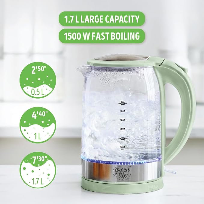GreenLife 1.7 Liter Electric Glass Kettle, Sage Green | Glass Body, Auto Shutoff, Thermal Shock Resistant, Quick Heating, Easy One Touch Use, Cordless Serving, LED Base, Coffee/ Tea