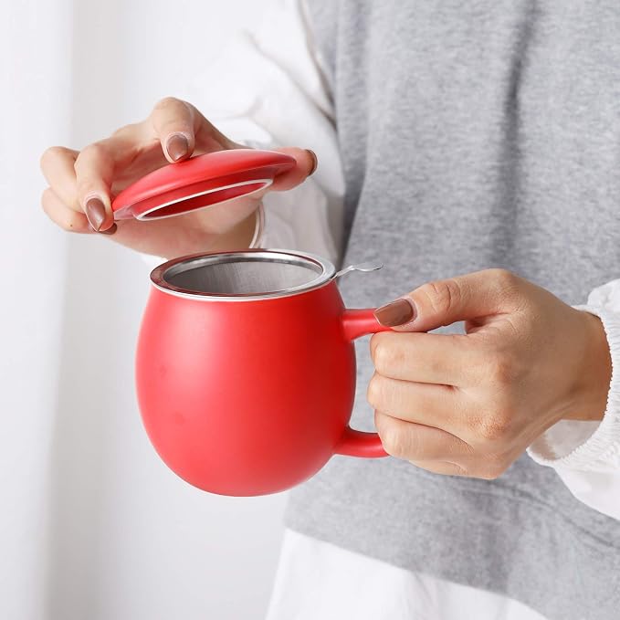 Yundu 12 OZ Matte Red Ceramics Teacup with Infuser and Lid, Mug with Lid for Steeping - Stainless Steel Infuser for Loose Leaf Tea, Home Office Gift for Tea Lovers