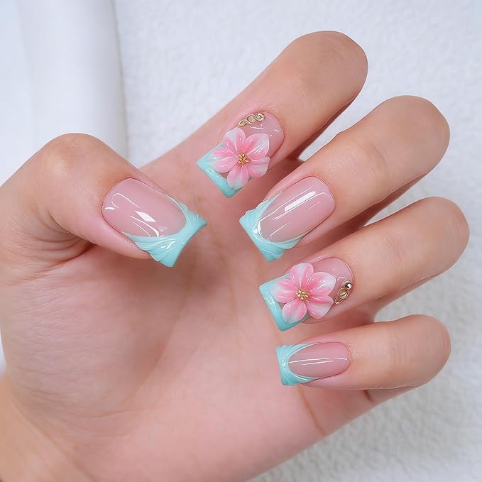 Duck Press on Nails Handmade 3D Pink White Flower Fake Nails Muti-Layer Soft Gel Short Blue French Tip Acrylic Nails Salon Quality Handmade False Nail Press Ons Luxury Stick on Nail for Women (M)