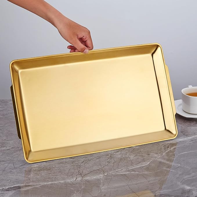 15.8" x 9.5" Large Serving Platters Set of 2, Stainless Steel Heavy-Duty Large Serving Trays, Gold Rectangular Plates for Food, Fruit, Party, Wedding, Christmas, Chip and Scratch Resistant