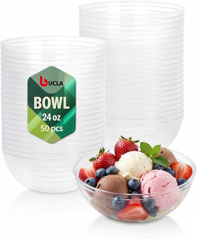 bUCLA 50 Pack Clear Plastic Serving Bowls - 24oz Disposable Salads, Cereal, Fruit, Dessert & Soup Bowls for Wedding & Party