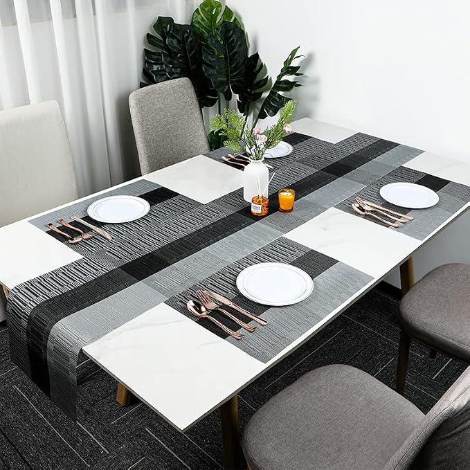 SHACOS Woven Vinyl Table Runners PVC Table Runners 12 x 36 inch Wipe Clean Reversible Plastic Weave Tabletop Counter Decor Mats Indoor Outdoor, Ombre Black and Gray