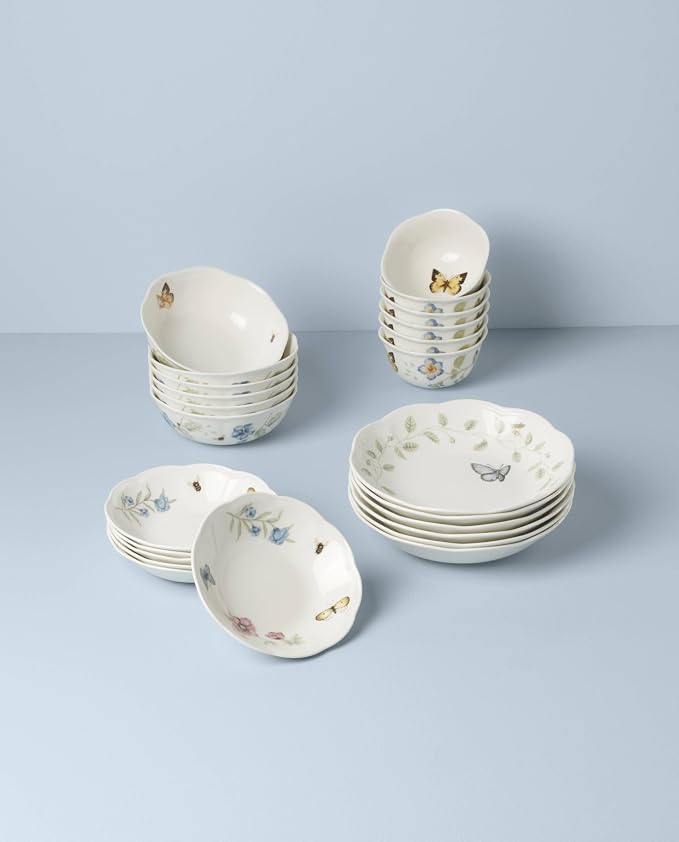 Lenox Butterfly Meadow Porcelain 24-Piece Variety Bowl Set for 6 | dishwasher safe, microwave safe | includes pasta, dessert, all-purpose, and fruit bowls, 6 each | 8.75 inch diameter