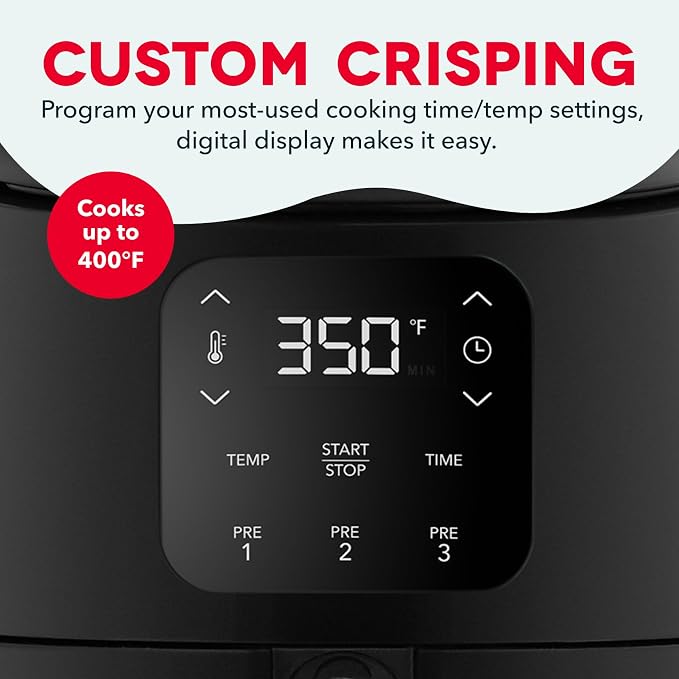Dash Tasti-Crisp Digital Air Fryer, 2.6 Quart, Black | Small Compact Basket Style Air Fryer for One or Two People, Auto Shut Off, Adjustable Temperature, Dishwasher Safe Parts