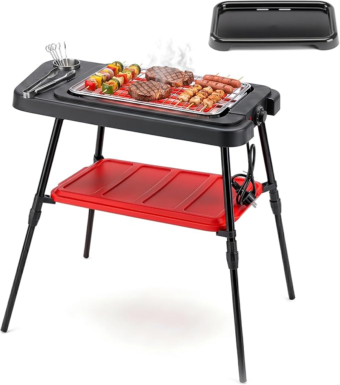 Electric Grill and Griddle, 2 in 1 Non-stick Griddle | Countertop & Freestanding Griddle with Adjustable Stand Legs, Outdoor Cooking Grill for Patio, Kitchen, BBQ