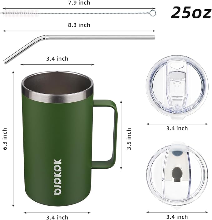 BJPKPK 25oz Insulated Coffee Mug with Handle, Stainless Steel Travel Mug | Keeps Drinks Hot & Cold, Double Wall Vacuum, 2 Lids Included, BPA-Free Coffee Tumbler for Home, Office & Travel