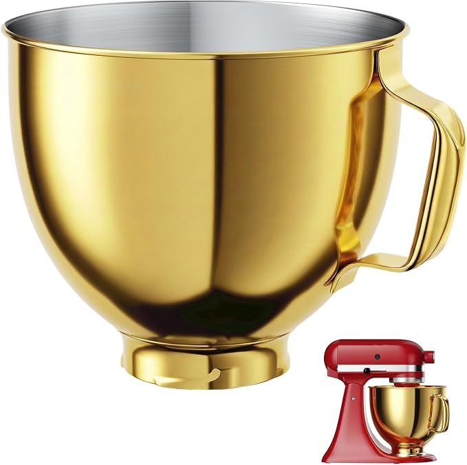 Stainless Steel Mixer Bowl for KITCHENAID TILT-HEAD 4.5-5 Qt Mixer | Anti-slip handle & Prominent Clasp, 5 QT Food-Grade Stainless Steel Polished, Gold