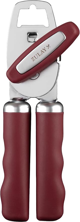 Zulay Kitchen Heavy Duty Stainless Steel Can Opener Manual with Bottle Opener - Rust Proof Manual Can Opener With Turn Knob & Comfy Soft Grip Handles - Deep Red