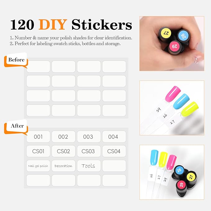PEACECOLOR 100 Pcs Nail Swatch Sticks with Ring, Nail Color Swatches Display Kit with 120 Blank Number Sticker & Protective Container Box - Clear Fan-Shaped Swatch for Nail Art Practice Home and Salon