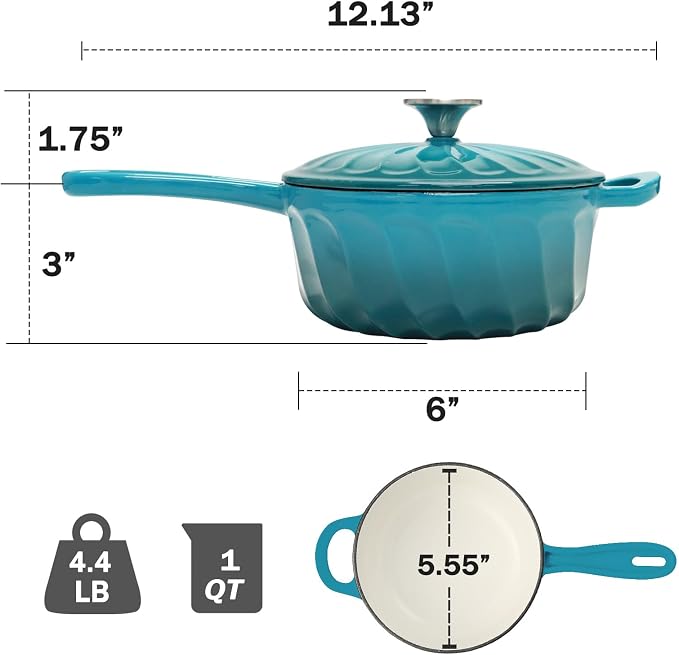 Enameled Cast Iron Sauce Pan with Lid, 1 Quart Saucepan with Lid | Dutch Oven with Lid, Small Cast Iron Pot for Cooking Pasta, Soup, Milk, Induction & Oven Safe Up to 500°F, Blue-green