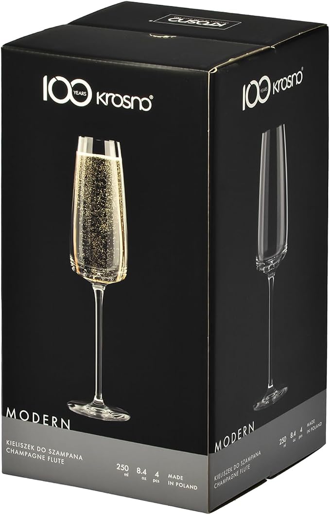 KROSNO Champagne Flutes Set of 4, 8.5 oz, Modern Collection | Drinking Glasses, Led-Free Crystal Glasses for Prosecco Sparkling Wine, Wedding Champagne Flutes, Dishwasher Safe