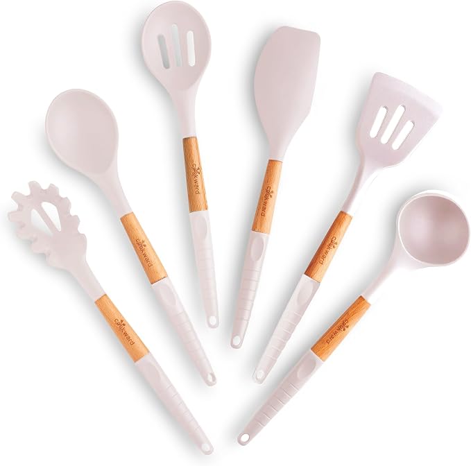 Silicone Cooking Utensils Set 6 Piece – Heat Resistant up to 480°F, BPA Free & Non-Scratch Kitchen Tools with Natural Wood Handles, White