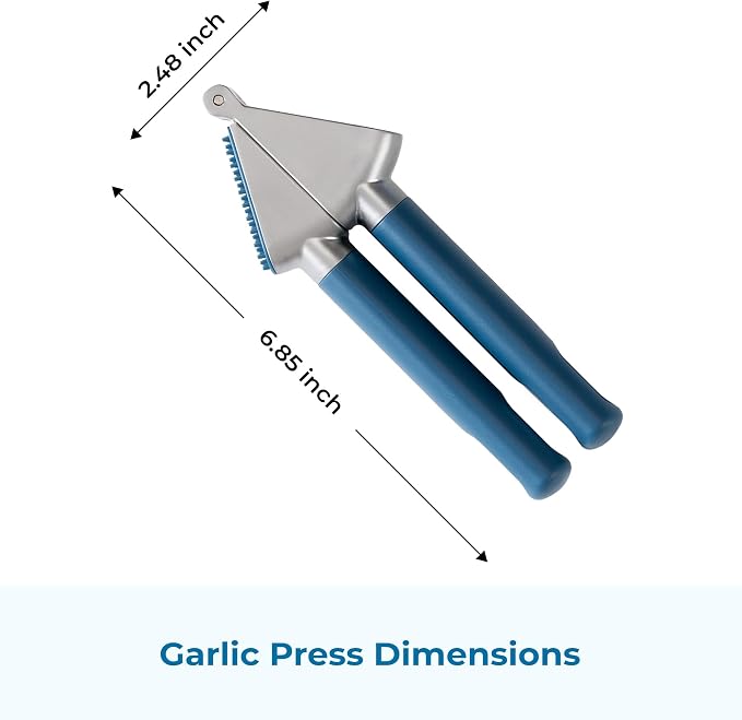 OOU Garlic Press, Stainless Steel Garlic Mincer with Premium Zinc Alloy Construction, Easy-Squeeze Ergonomic TPE Non-Slip Grip Handles, Reverse Cleaning Bumps and Dishwasher Safe Design, Blue