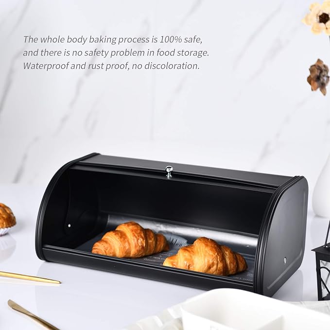 HILFA Stainless Steel Bread Box with Roll Up Lid, For Easy Kitchen Counter Storage, Bread Bin Holder,17.5X11.5X7.5 inch, Matte Black For Home and Kitchen