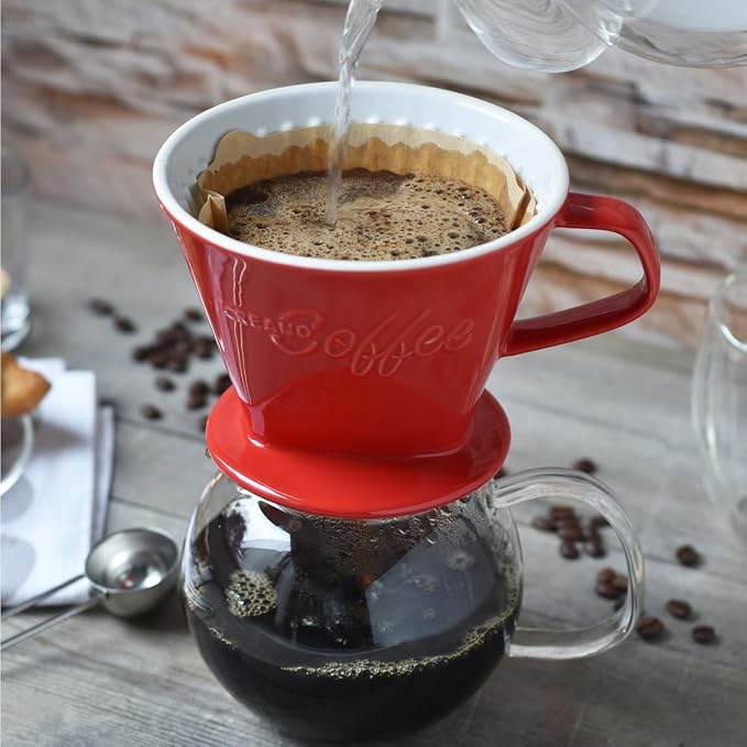 Creano XXL Porcelain Coffee Dripper Red - Ceramic Cone Brewer - Pour Over Coffee Maker - Filter Size 4 - huge and heavy quality 800gr/28oz - 6 Colours availeble