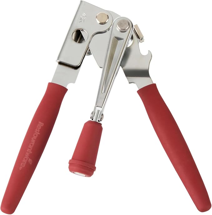 Restaurantware Stainless Steel Magnetic Manual Can Opener - German Standard Red Crank Can Opener with Magnet, Ergonomic Handles, Non-Slip - Heavy-Duty Hand Can Opener, Easy Turn, Sharp Blade
