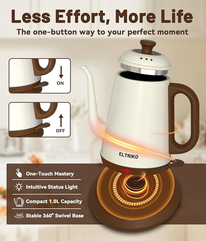 1L Gooseneck Electric Kettle for Pour Over Coffee & Tea | 1000W Fast Heating, Food-Grade Stainless Steel, Auto Shut-Off & Boil-Dry Protection, BPA-Free, White
