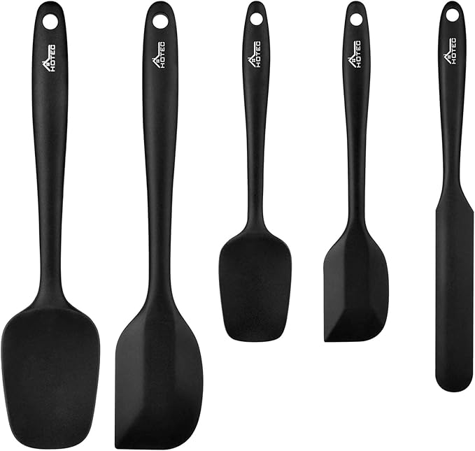 HOTEC 600℉ Heat Resistant BPA-Free Silicone Rubber Spatula Set,Kitchen Cooking Spatulas, Baking, Mixing for Non Stick Cookware, Dishwasher Safe, Black Set of 5