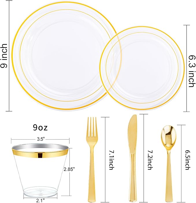 WELLIFE 600pc Gold Trim Plastic Dinnerware Set for Party: 100 Dinner Plates, 100 Dessert Plates, 300 Cutlery, 100 cups