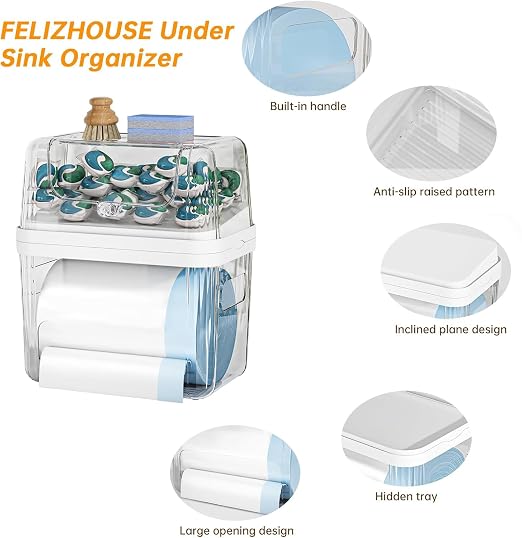 Trash Bag and Laundry pods Dispenser, 3-in-1 Clear Under Sink Organizer, Dishwasher Pod Storage Container, Stackable Kitchen Cabinet Storage Box Fits 13/30/33 Gallon Garbage Bags