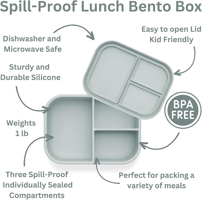 Ali+Oli Silicone Bento Box (Blue) Lunch Box for Kids, Toddlers, Preschoolers & Adults | BPA-Free and Spill-Proof | Ideal for School, and On-the-Go Meals| Perfect for Lunch, Snacks, and Meals | Daycare, Preschool, Food separation, Portion control, Snack...