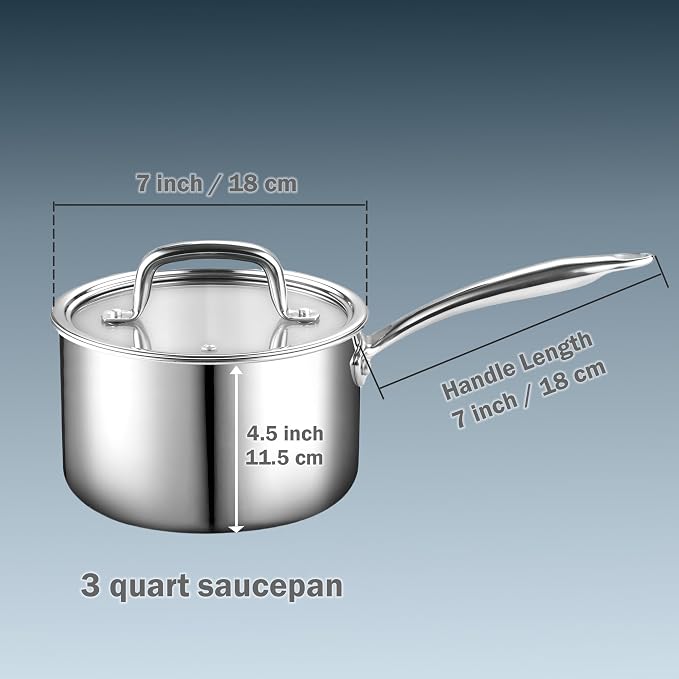 Cook N Home Classic 3 Quart Stainless Steel Saucepan with Glass Lid | Fully Tri-Ply Clad Small Sauce Pan, Stay-Cool Riveted Handle, Versatile for All Cooktops, Dishwasher & Oven Safe