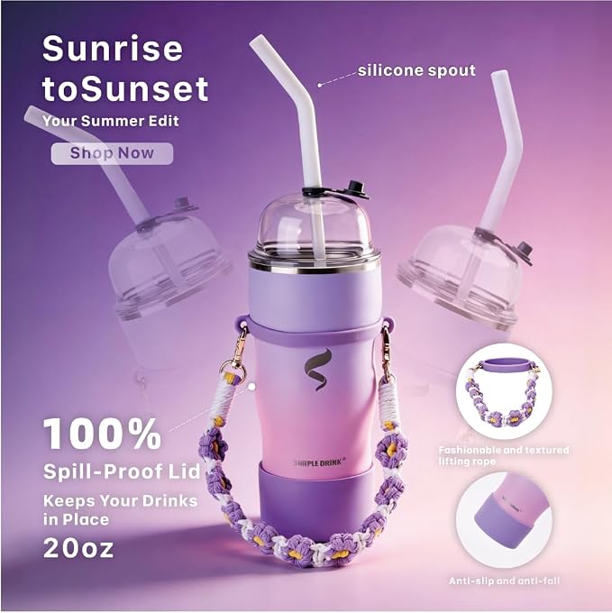 20 oz Insulated Tumbler with Straw, Pink Purple Gradient | 18/8 stainless steel, double-wall vacuum insulation, BPA-free materials, reusable straw, for everyday hot and cold drinks.