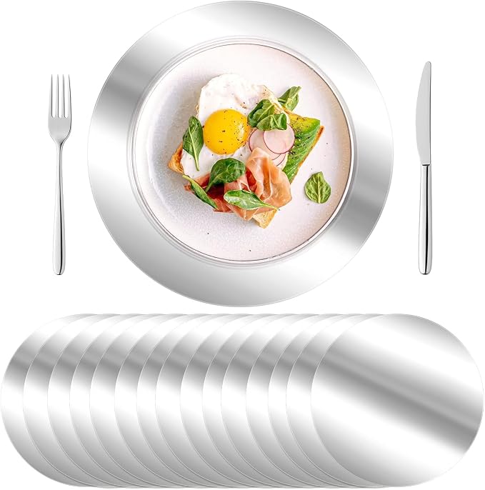 50PCS 13in Round Silver Placemats, Disposable Paper Charger Plate | Paper Placemats for Dining Table, Mirrored Silver Charger Placemat for Kitchen Banquet Table Setting Wedding Birthday Party