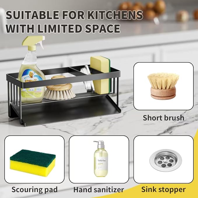 Kitchen Sink Caddy Organizer for Kitchen Countertop Organizers Black | 304 Stainless Steel, Removable Drip Tray, Home Decor Accessories