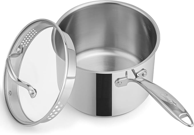 Ciwete 3 Qt Stainless Steel Saucepan with Glass Strainer Lid, 3 Quart Pot Stainless Steel Sauce Pan with Pour Spout, Mirror Polishing, Compatible with All Cooktops Dishwasher Safe Oven Safe