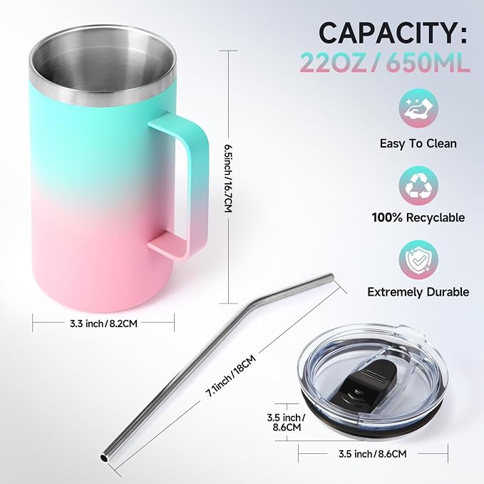 Volhoply 22oz Insulated Stainless Steel Coffee Mug with Leakproof Lid,Double Wall Vacuum Travel Coffee Cup with Handle,Reusable Metal Tumbler,Camping Mugs Keep Hot&Cold(Green Pink,1)