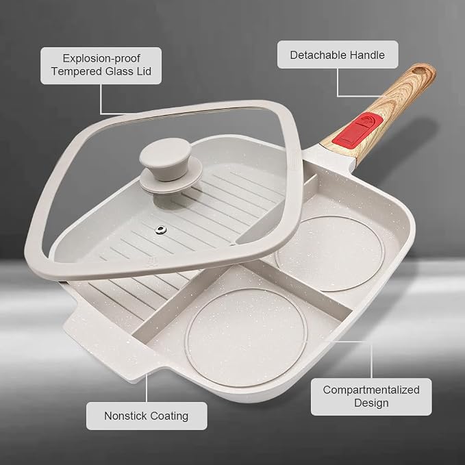 Nonstick 3 Section Grill Pan for Stove Tops, White | Detachable Handle, Versatile Griddle Pan with Lid, Square Skillet PFOA Free