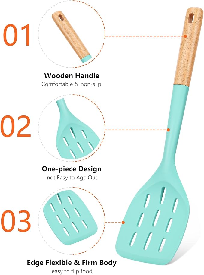 Silicone Spatula, Non Stick Turner for Cooking, Food Grade, Green | Heat Resistant, Flexible Edge, 2 Pack Wooden Handle Kitchen Turner for Baking Mixing Grilling Serving Food