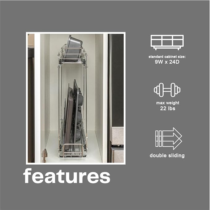 Household Essentials Glidez Multipurpose Chrome-Plated Steel Pull-Out/Slide-Out Storage Organizer for Cookware and Bakeware - 2-Tier Design - Fits Standard Size Cabinet or Shelf, Chrome