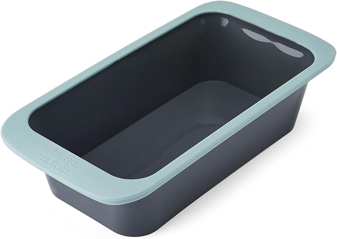 Chicago Metallic Silicone Loaf Pan, 9x5 Inch Nonstick Bread Pan for Baking, Wire-Reinforced Rim, Oven Safe to 428F, Flexible Bakeware for Bread, Meatloaf, and More, Blue
