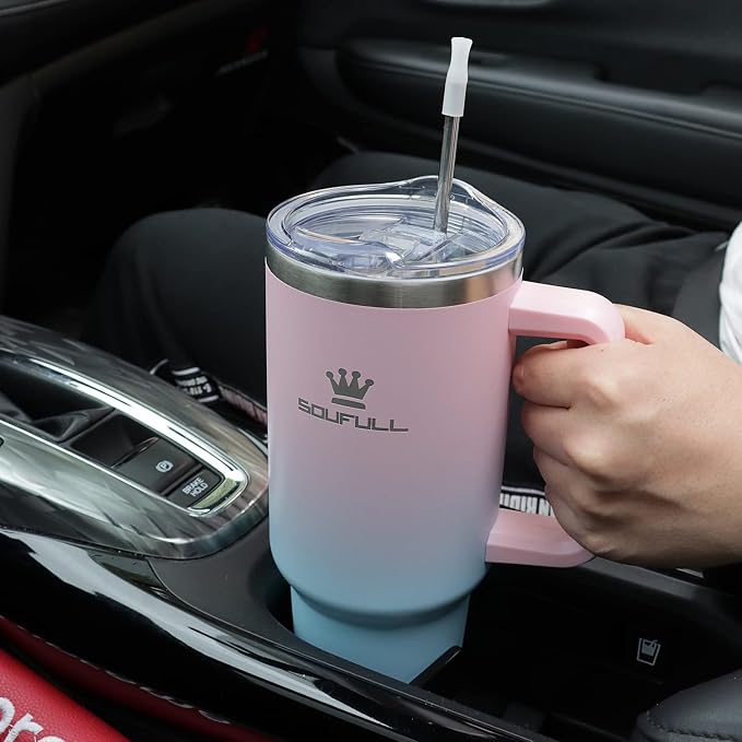 Soufull 40 oz Tumbler with Handle and Straw Lid, 100% Leak-proof, PinkBlue | Stainless Steel Insulated Travel Coffee Cup, Keeps Cold 34Hrs or Hot 10Hrs, Dishwasher Safe