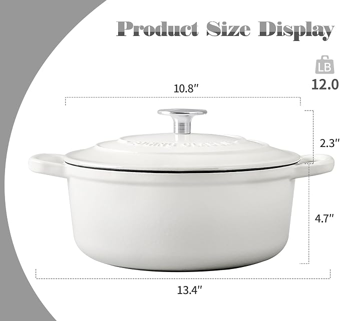 EDGING CASTING Dutch Ovens Enameled Cast Iron Covered 5.5 Quart Dutch Oven with Dual Handle for Bread Baking, White