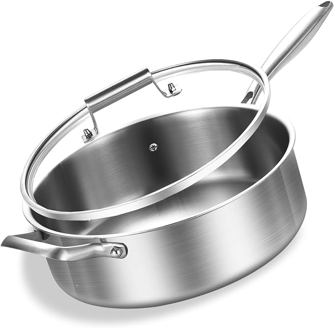 Inqibee 8 QT Tri-Ply Stainless Steel Saute Pan with Lid | Deep Frying Pan with Helper Handle | 13 Inch | Induction Compatible | Oven & Dishwasher Safe | Serves 8–10 People