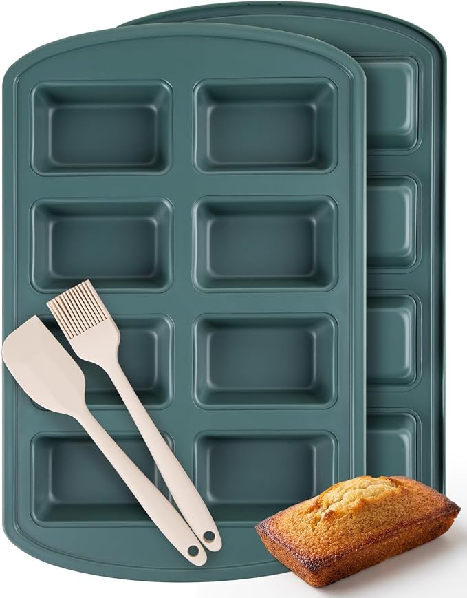CARTMAN 2-Pack 8-Cavity Mini Loaf Pans, Carbon Steel Bread Pan Set, Green | Includes spatula & brush, 0.6mm carbon steel, nonstick release, for banana bread, mini meatloaf, ideal for keto & meal prep