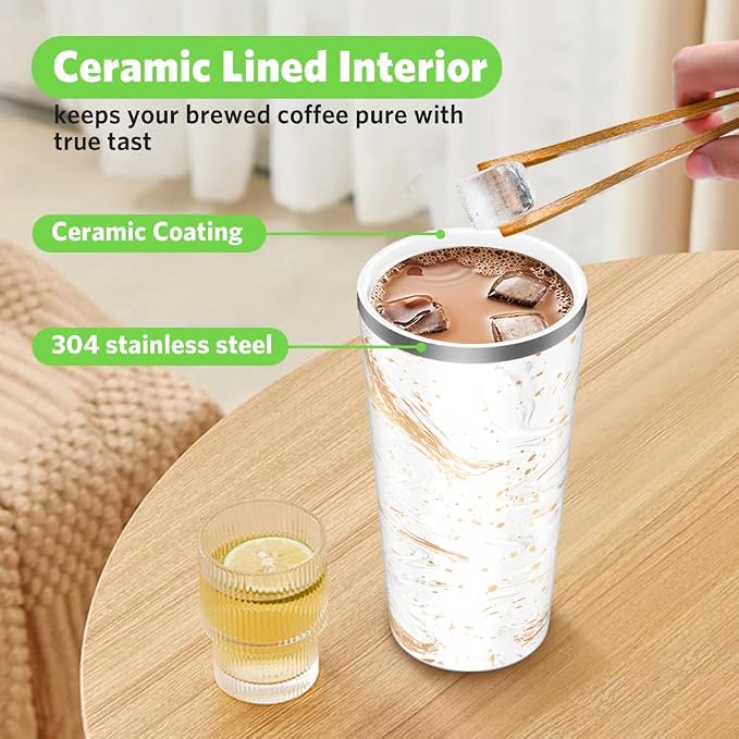 Insulated Coffee Mug with Ceramic Coating, 18oz Travel Mug with Leak-proof Lid, Vacuum Double-wall Tumbler, Stainless Steel Thermal Cup for Tea, Hot Cocoa, Cold Beverage, Ice Drinks