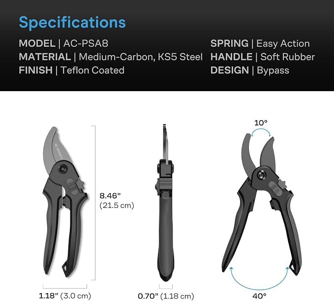 AC Infinity 20cm Professional Bypass Pruning Shear, Medium-Carbon KS5 | Medium-Carbon KS5 Steel Blades with Nonstick Teflon Coating, Tree Trimmer Secateurs for Gardening, Hydroponics, Grow Tents