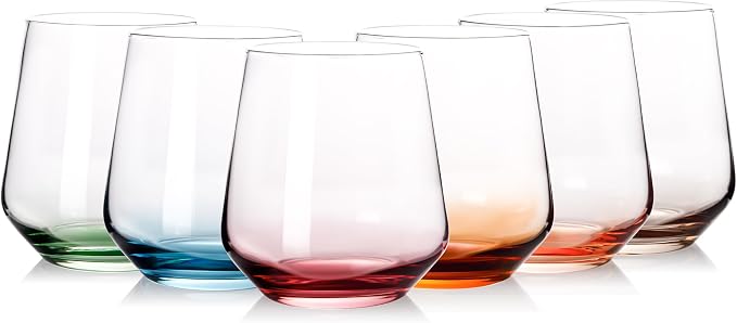 JOVGANK Colored Stemless Wine Glasses Set of 6 - Hand Blown White Red Stemless Wine Glass - 17 oz, [Lead-Free Crystal Glass] Large Short Glass Tumblers, Gift for Housewarming and Mother's Day