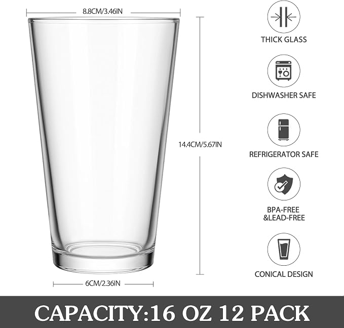 CUCUMI 16 Oz Beer Pint Glasses Set of 12 | Drinking Glasses,Cocktail Glasses Made for Hot & Cold Beverages Mixing Glass & Highball Set of 6 for Homes, Pubs & More